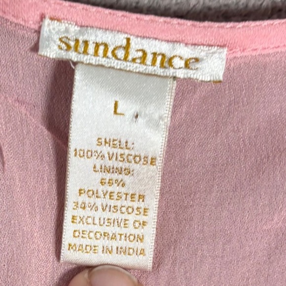 Sundance Maxi Dress Size L Pink Sheer Smocked Empire Waist Overlay Flowy Boho - Picture 3 of 14